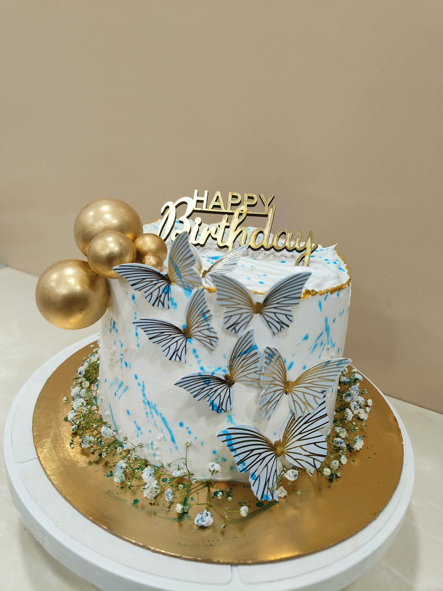 Whimsical Blue & Gold Butterfly Birthday Cake 🦋✨